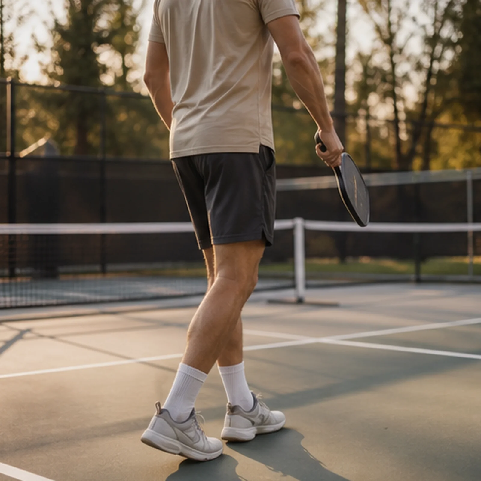 Court-sport player holding a racquet on a quiet court in warm natural light.