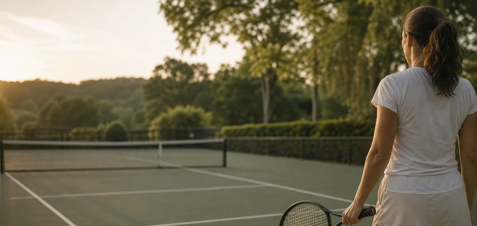 Adult court-sport player seen from behind at a quiet tennis court in warm natural light.