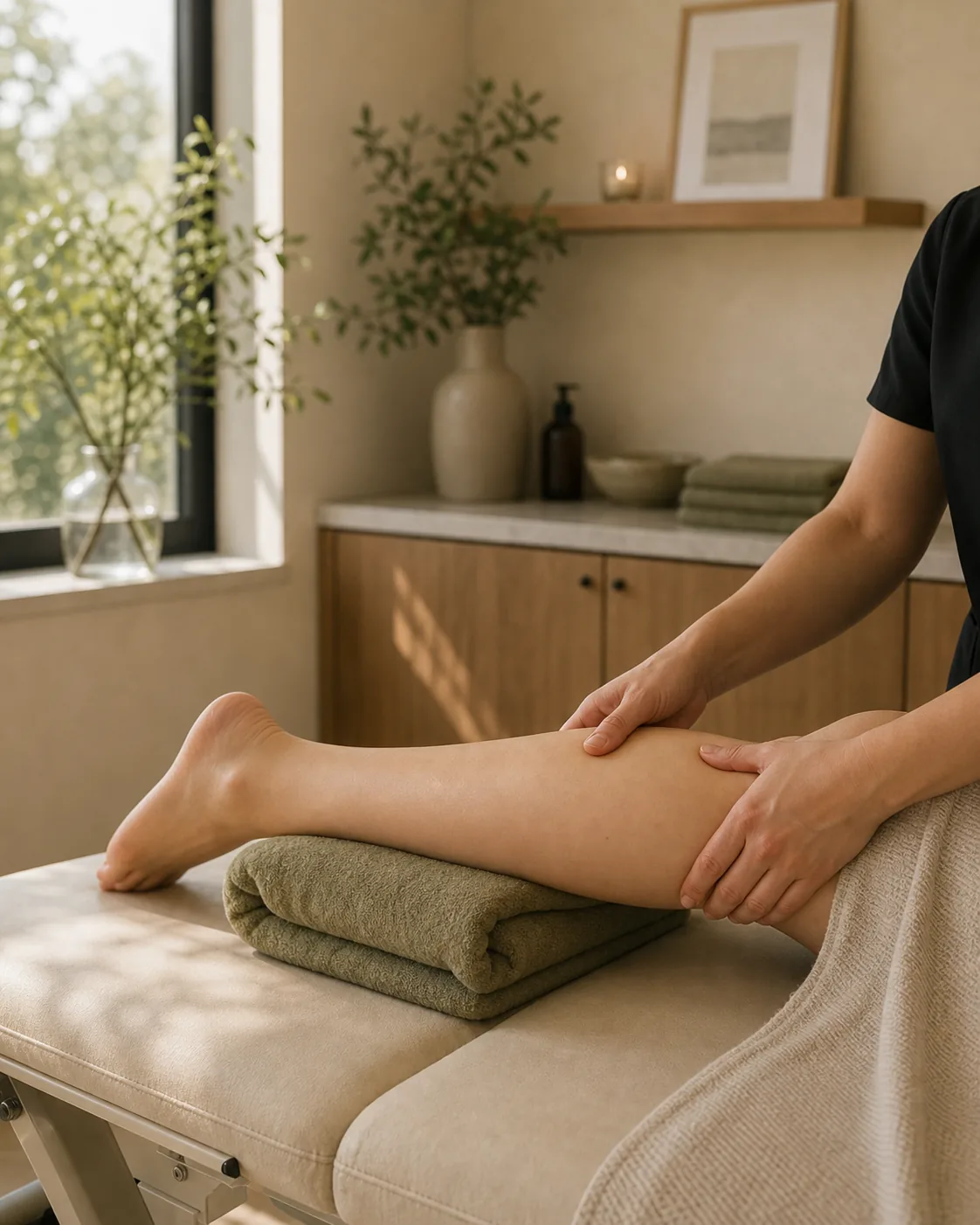 Respectful lymphatic and post-surgical recovery care for the lower leg in a warm boutique treatment room without an identifiable patient face.