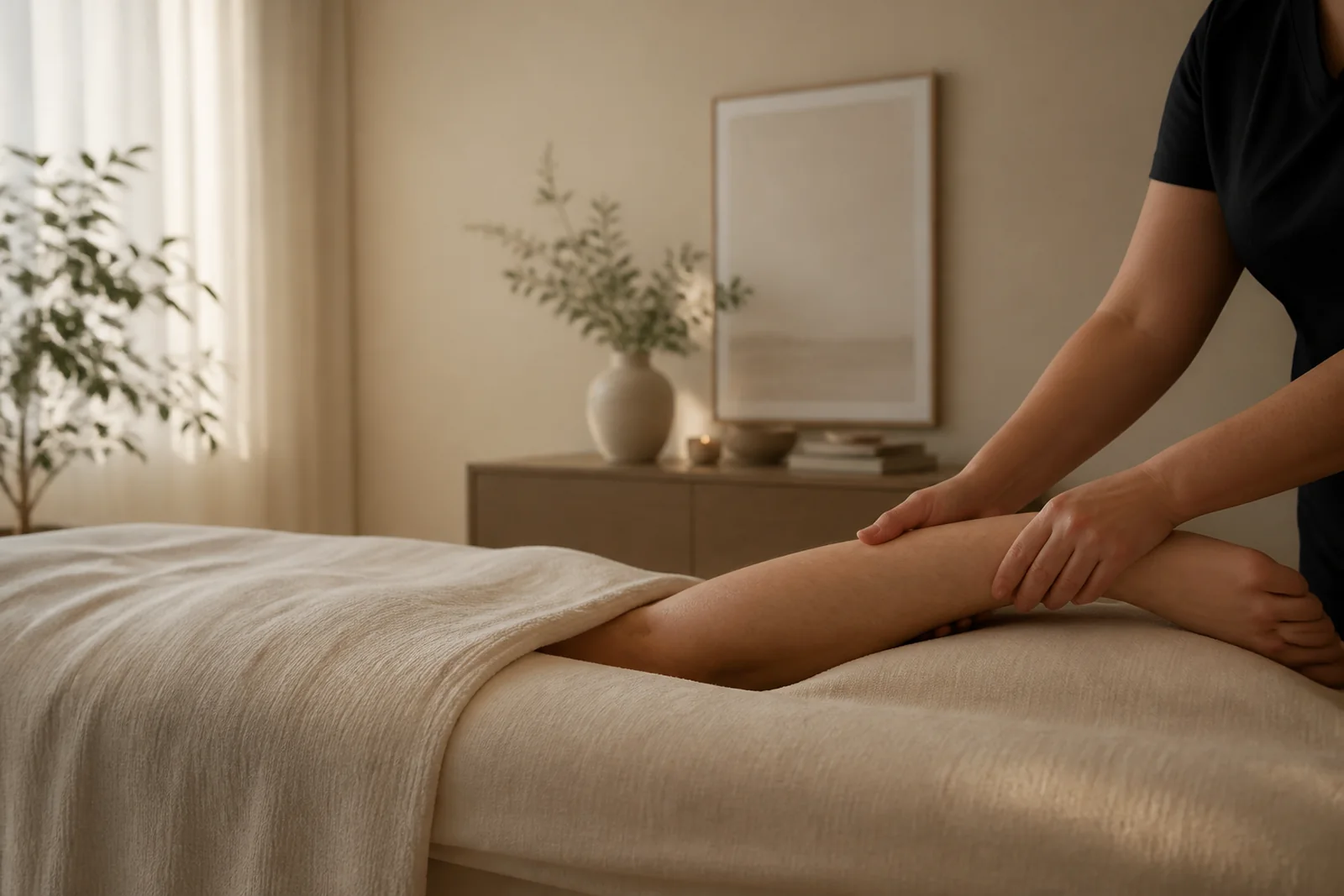 Respectful hands-on lymphatic recovery care in a calm boutique treatment room with no identifiable patient face.