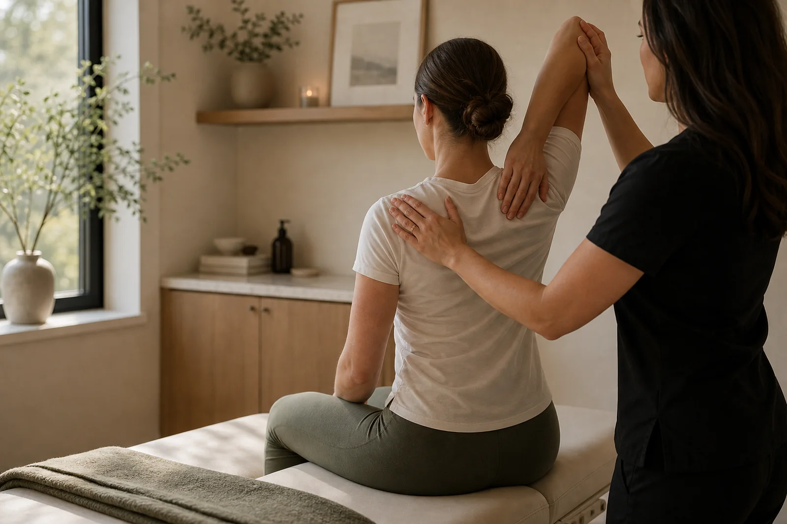 Orthopedic movement assessment with a clinician guiding shoulder mobility in a calm treatment room.