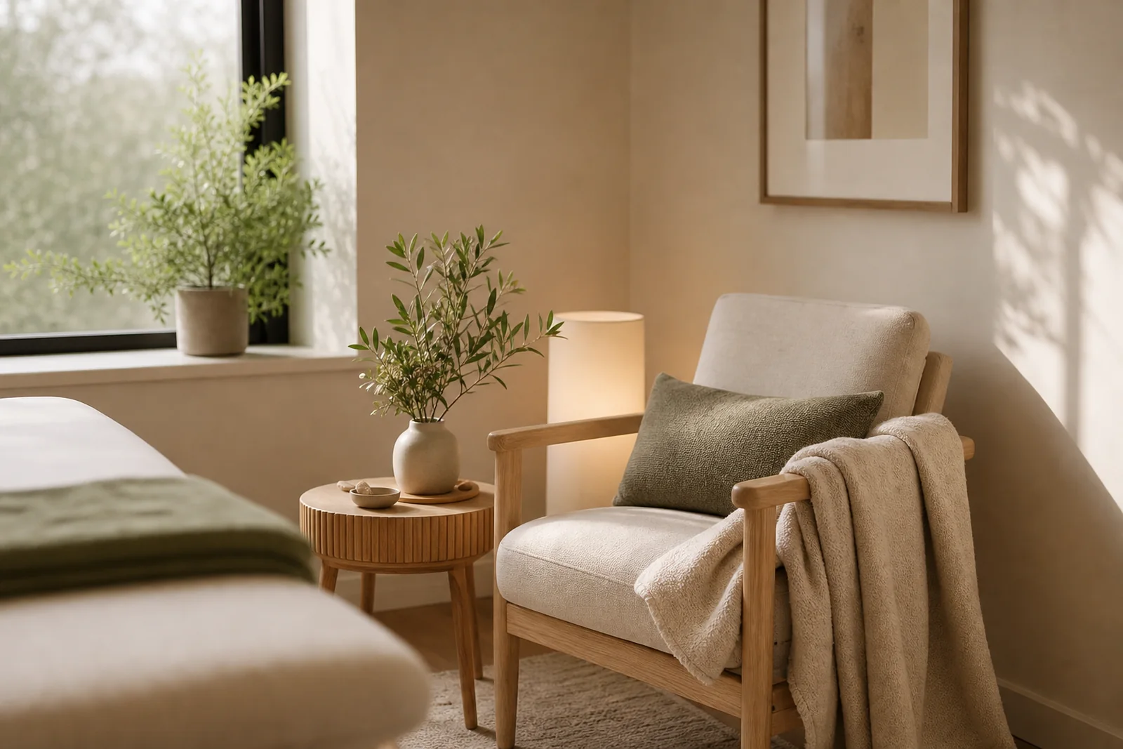 Quiet wellness room detail for breast-health and postpartum support with neutral textiles.