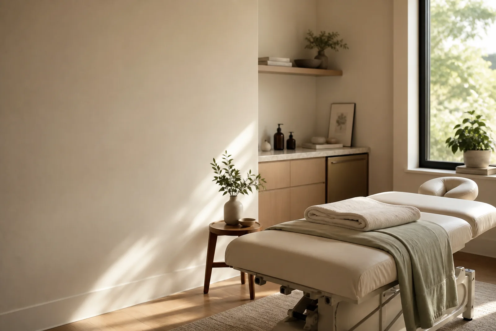 Warm boutique physical therapy treatment room with neutral linens, sage accents, and natural light.