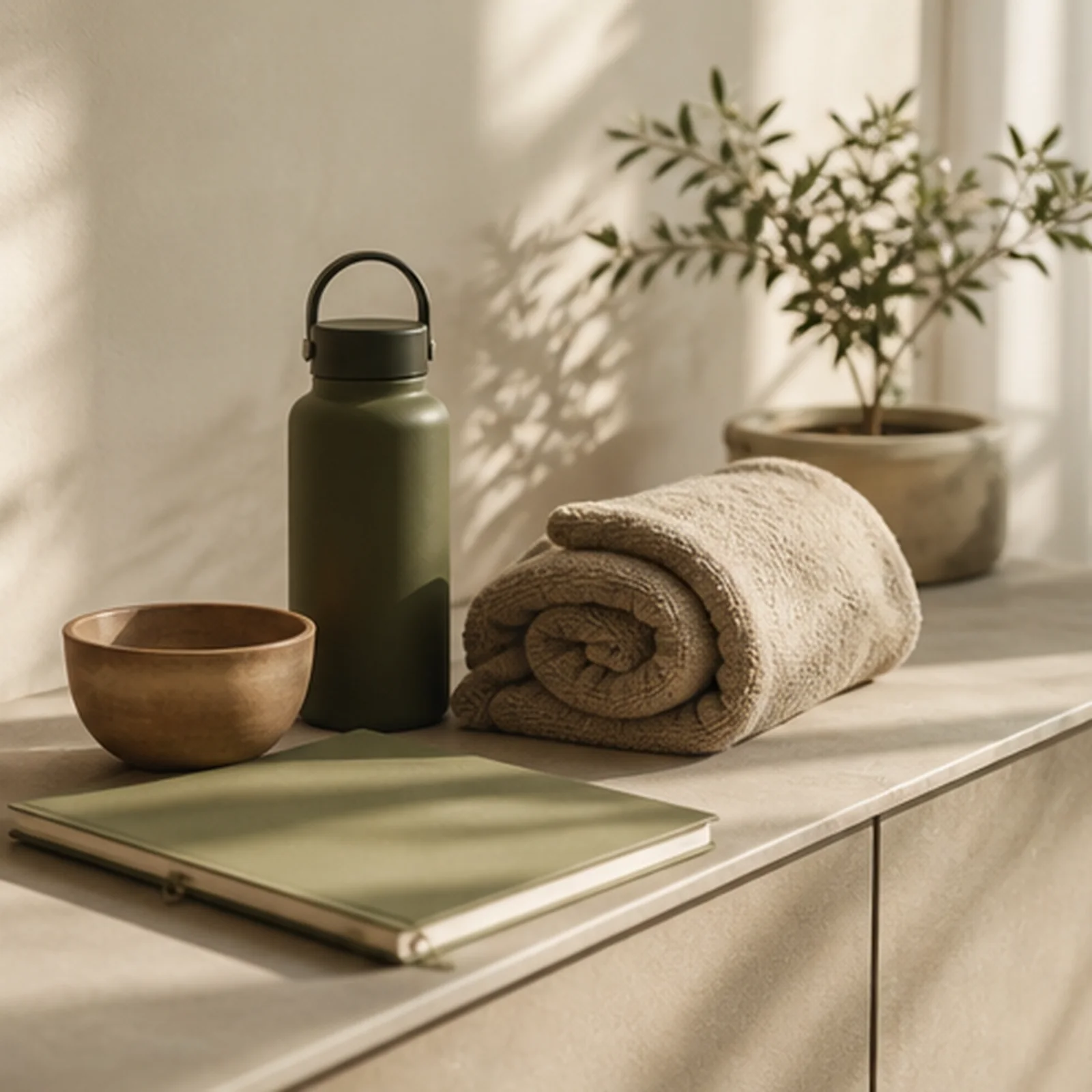 Calm recovery planning detail with towels, notebook, and warm natural light.