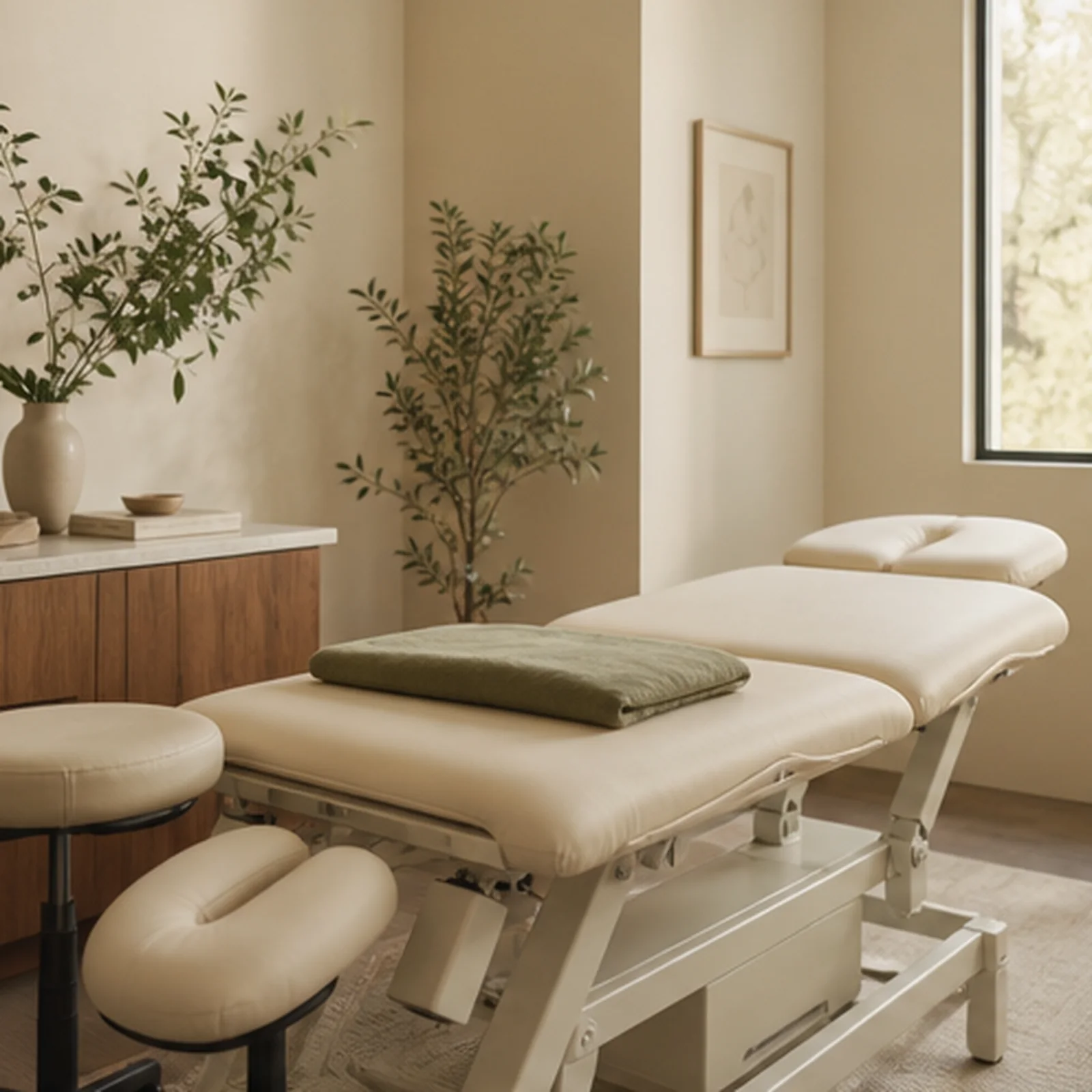 Warm boutique treatment room prepared for one-on-one physical therapy care.